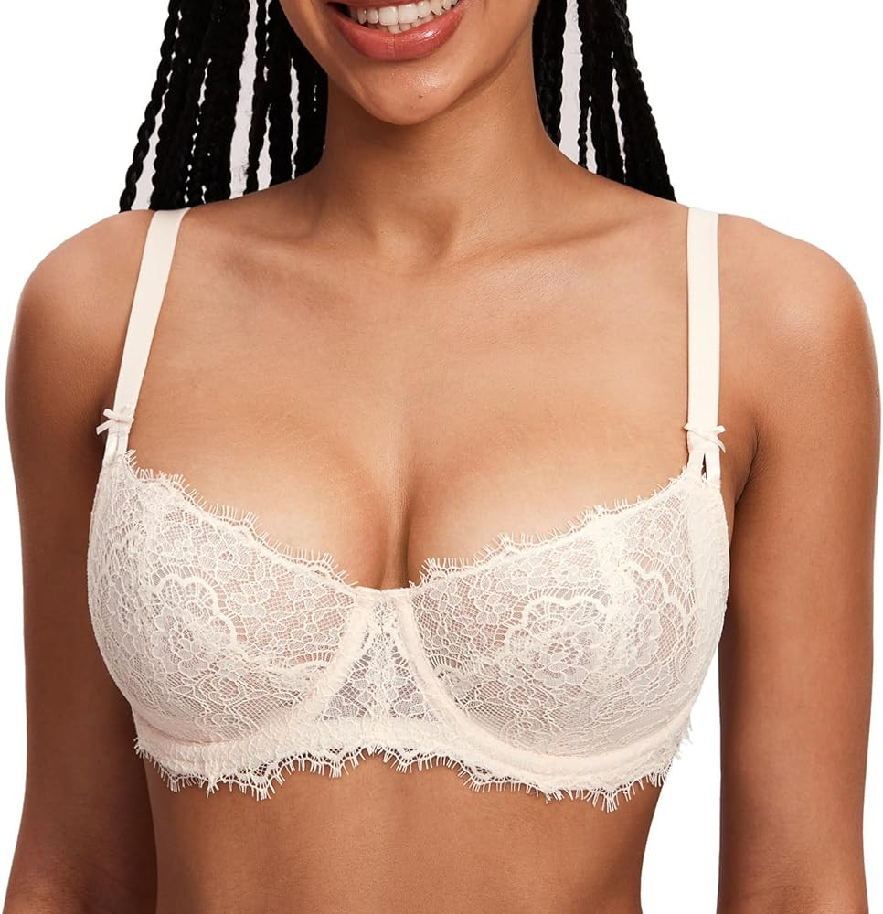 DOBREVA Women's Balconette Sexy Unlined Bra Lace Push Up Plus Size Bras See Through Underwire | Amazon (US)