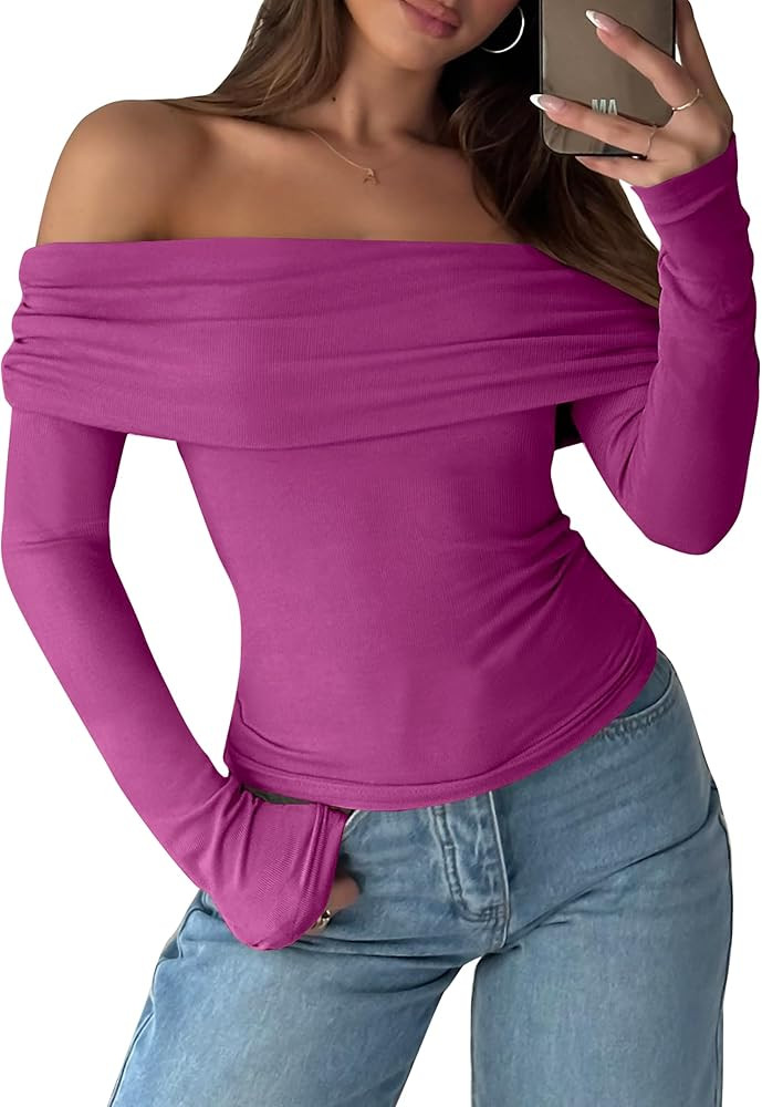 ANRABESS Womens Long Sleeve Off Shoulder Shirts Tight Fitted Going Out Y2K Sexy Ruched Tee Tops B... | Amazon (US)