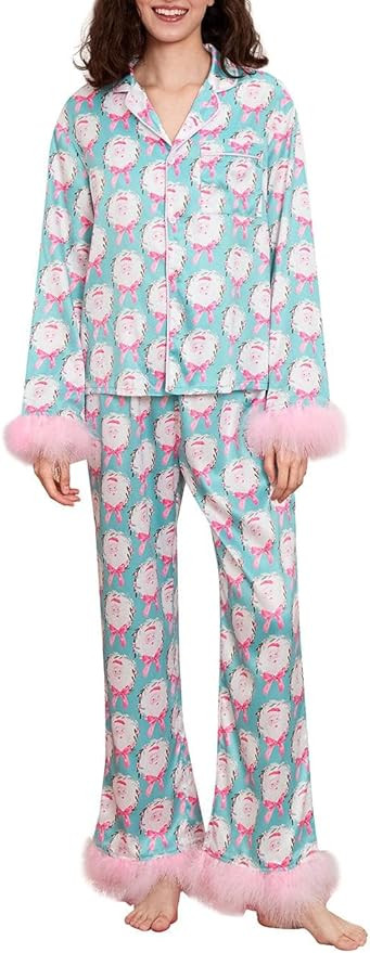 Women Christmas Pajama Sets Feather Trim Long Sleeve Button Down Shirt and Pants 2 Piece Xmas Sle... | Amazon (US)