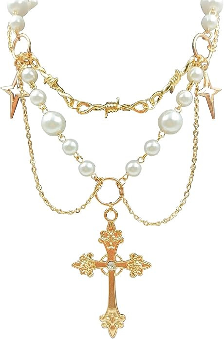 Gold Pearl Cross Necklaces for Women Gothic Hollow Cross Pendant Choker Necklace | Amazon (US)