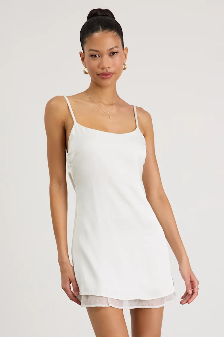 Dandria White Satin Cowl Back Mini Dress | Bridal White Dress Bridal | Lulus