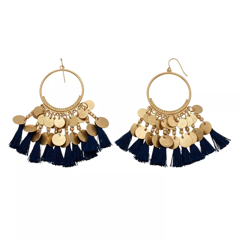 SONOMA Goods for Life™ Gold Tone Mini Disc Detail & Blue Tassel Drop Hoop Earrings | Kohl's