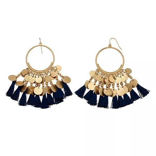 SONOMA Goods for Life™ Gold Tone Mini Disc Detail & Blue Tassel Drop Hoop Earrings | Kohl's