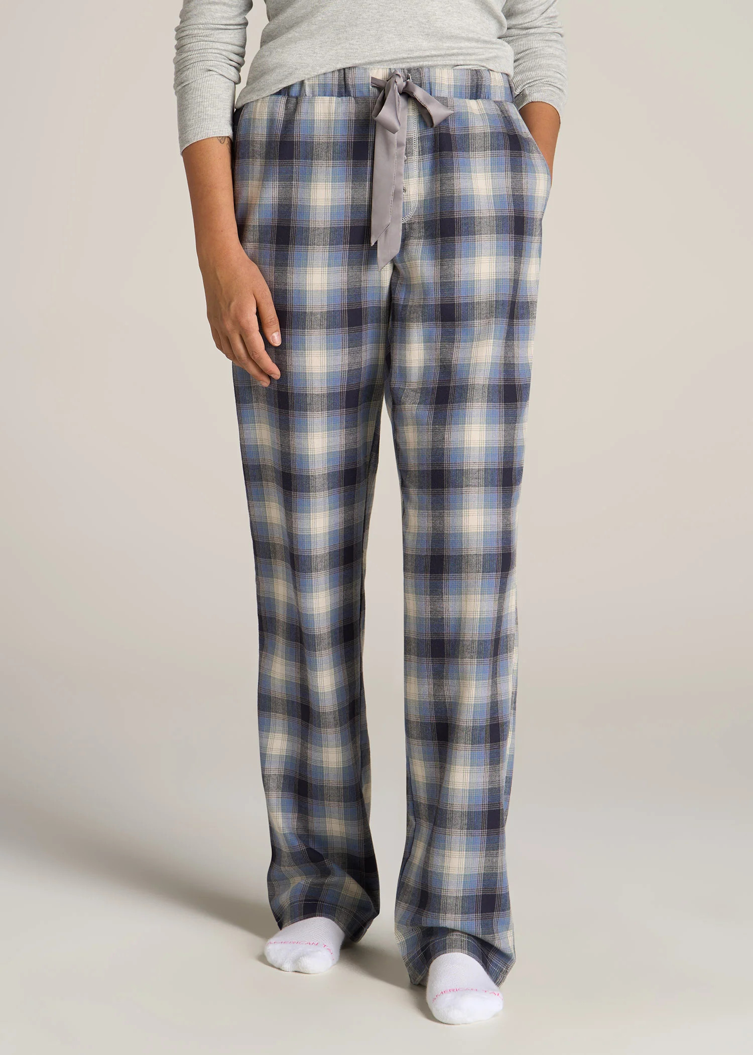 Open-Bottom Flannel Pajama Pants for Tall Women in Blue and Grey Weave | American Tall