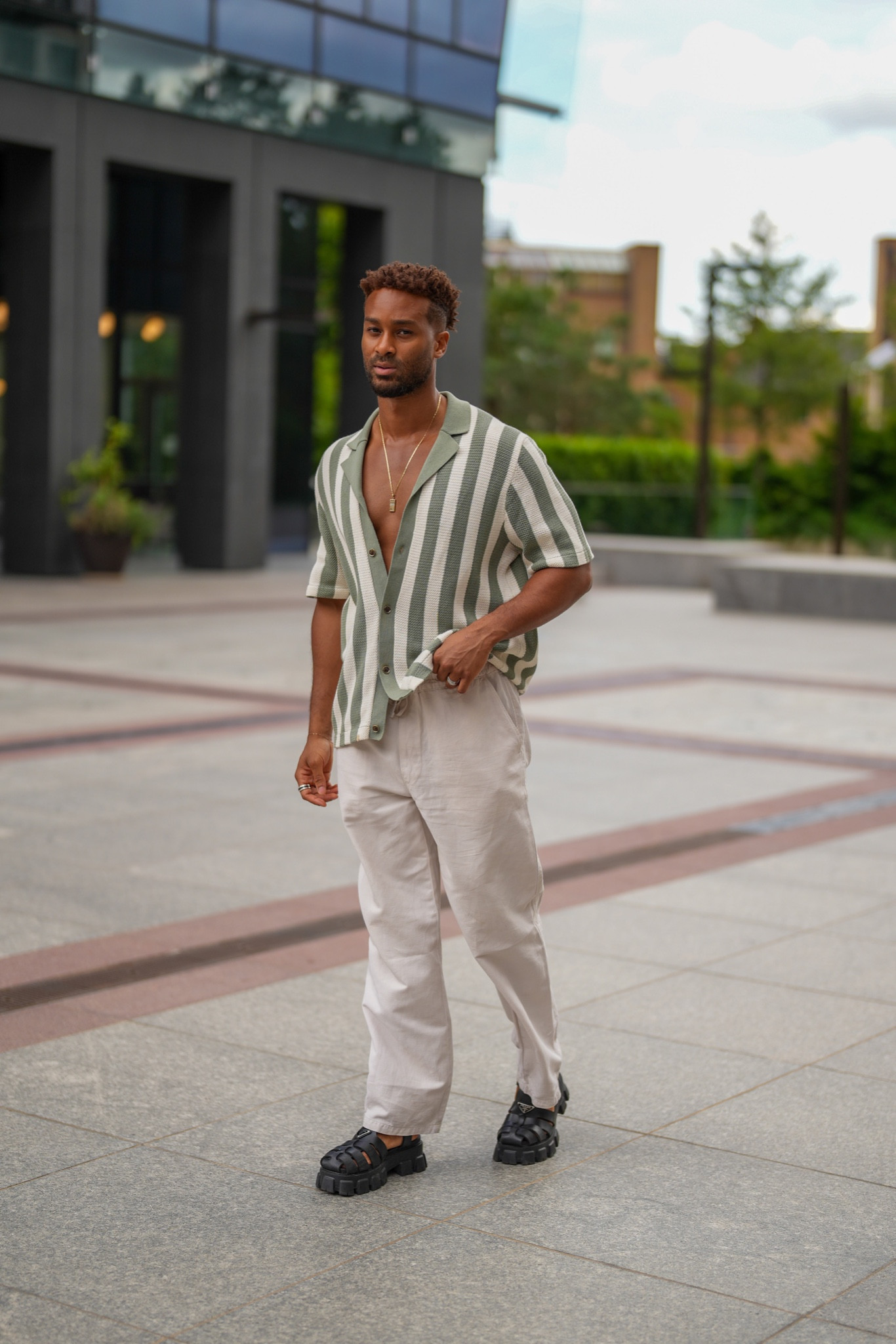 Sage and ecru striped top from Allsaints, jogger style trousers, linen trousers, Prada chunky sandals, summer outfit, street style, summer style, Allsaints shirt, neutral outfit, sage green, summer inspo 

#LTKeurope #LTKstyletip #LTKSeasonal