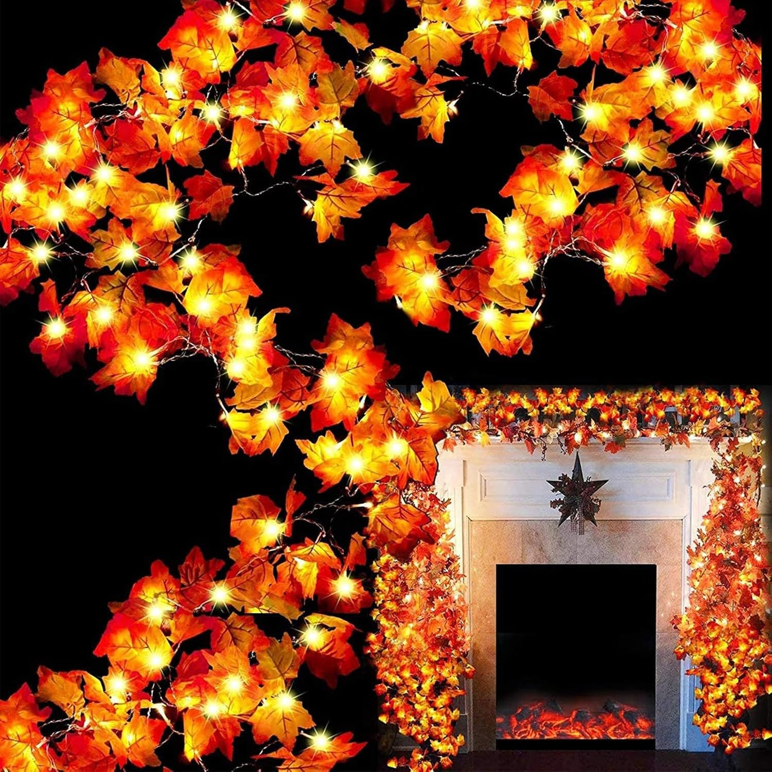 TURNMEON 6 Pack Fall Garland with Lights Enlarged Maple Leaves 60Ft 120LED | Amazon (US)