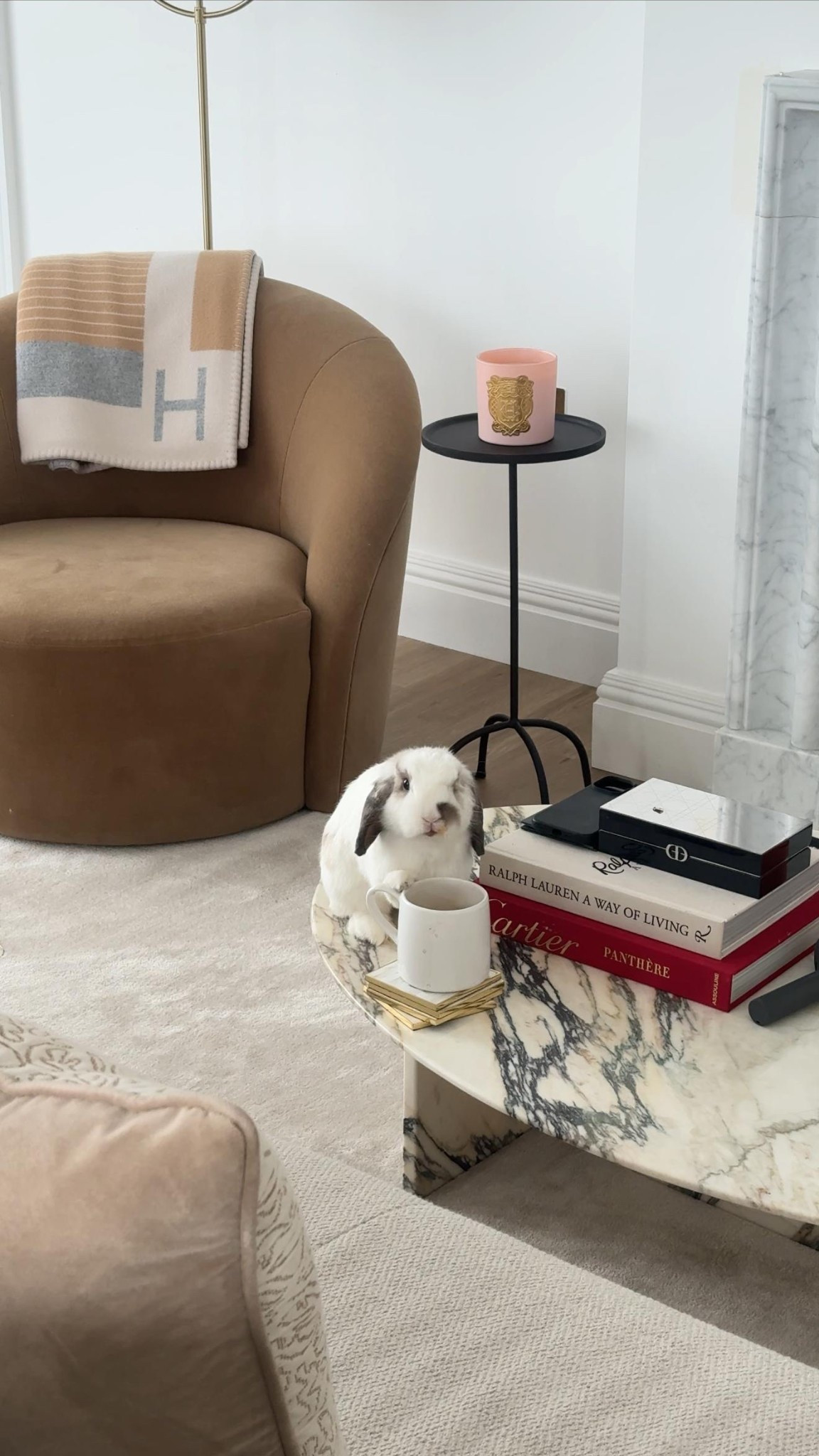 Home sweet home 🤍🐰 A classic brown armchair by restoration hardware, Hermes blanket, black Zara Home side-table with a pink Holland Cooper Candle on top, waylaid rug and collection noir coffee table with Zara Home coasters

#LTKhome #LTKuk