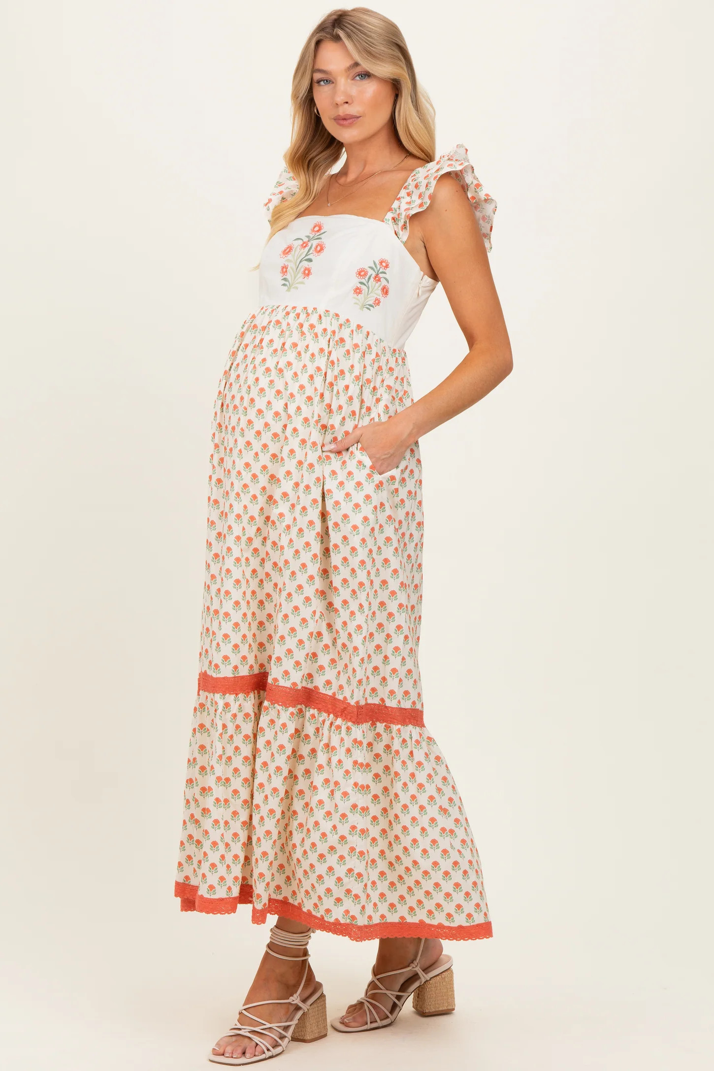 Coral Floral Embroidered Maternity Maxi Dress | PinkBlush Maternity