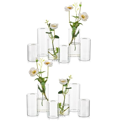 Small Glass Bud Vases for Centerpieces – Hewory 12pcs Clear Blown Single Flower Vases Bulk, Modern Mini Cylinder Vase Set for Wedding Anniversary Birthday Party Events Home Living Room Table Decor | Amazon (US)