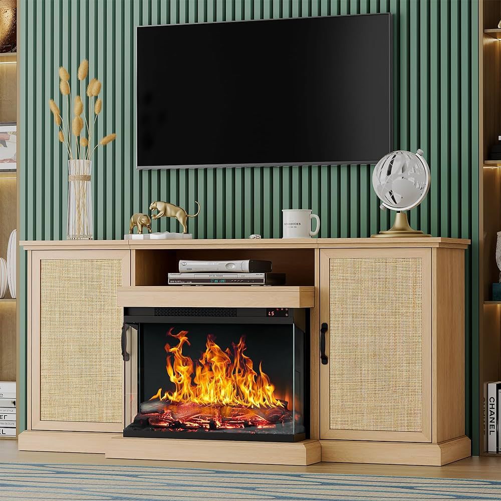 Yechen 3-Side Glass Fireplace TV Stand with Rattan Cabinets Storage Entertainment Center Electric... | Amazon (US)