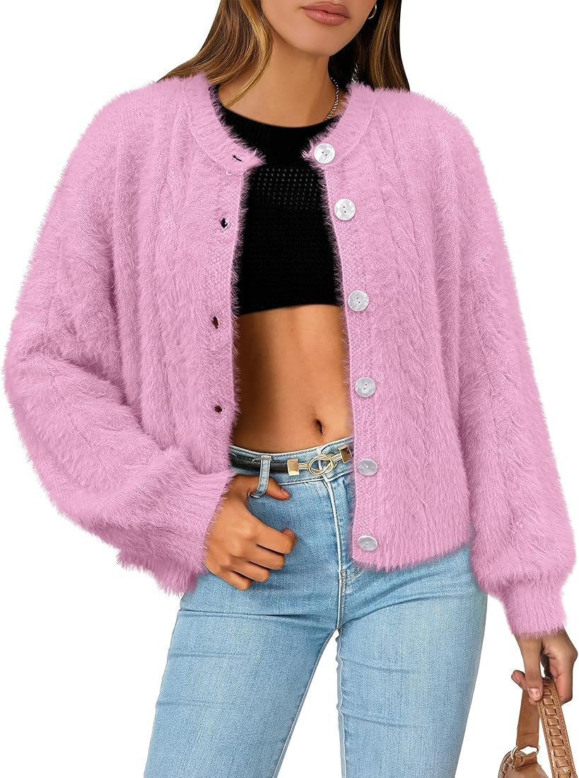 ANRABESS Women's Fuzzy Knit Cardigan Sweater Fluffy Warm Cropped Jackets Coat Cute Cozy 2024 Fall... | Amazon (US)