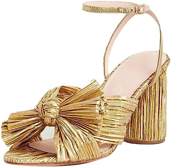 Womens Heeled Sandals Pleated Bow Knot Ankle Strap Open Toe High Block Chunky Heels Sandals Dress... | Amazon (US)
