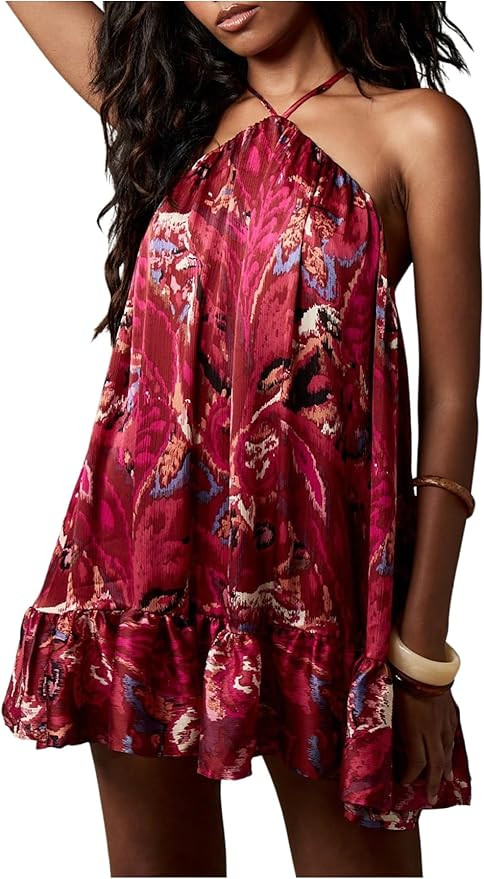 MakeMeChic Women's Boho Satin Halter Dress Tie Open Back A Line Swing Vacation Mini Dresses | Amazon (US)