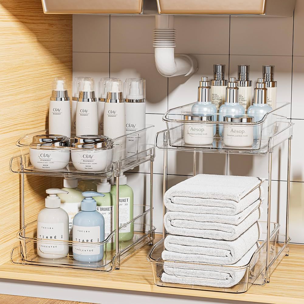 Delamu 2 Sets of 2-Tier Clear Under Sink Organizers and Storage, Multi-Purpose Stackable Bathroom... | Amazon (US)