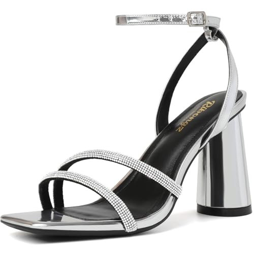 RIBONGZ Sparkly Silver Strappy High Heels Block Heeled Sandals for Women Square Open Toe Ankle Strap Chunky Heels Wedding Party Bridal Dress Shoes 7 | Amazon (US)
