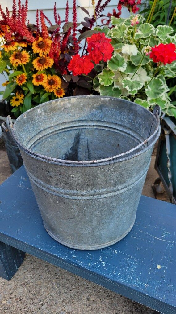 Vintage Galvanized Bucket Planters Wire Bail Handle Barn Tool Farm Decor | Etsy (US)