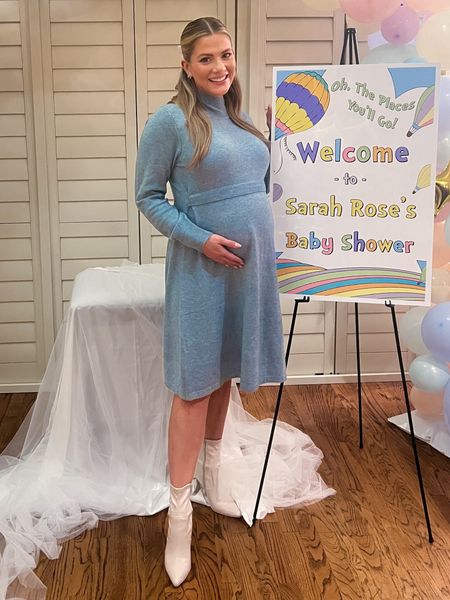 Sweet baby shower look for  boy moms this winter. Beautiful, high quality, wool, mock neck, long sleeve maternity sweater dress 50% off now! Paired with sale Kendra Scott bow earrings and bone white booties 40% off 

#LTKCyberWeek #LTKbump #LTKsalealert