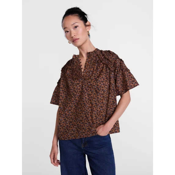 Scenario Women's Gathered Cotton Voile Top with Short Sleeves, Size XS-XXXL | Walmart (US)