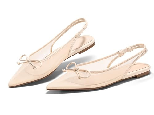 Coutgo Womens Slingback Flats Bow Closed Pointed Toe Mesh Ballet Flats Low Heel Sandals Dress Shoes, Khaki, Size 8.5 | Amazon (US)