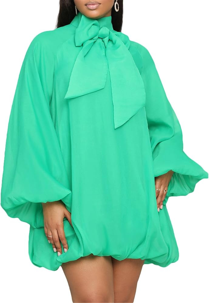 Womens Sexy Long Lantern Sleeve Turtleneck Bowknot Chiffon Bodycon Party Clubwear Dress | Amazon (US)