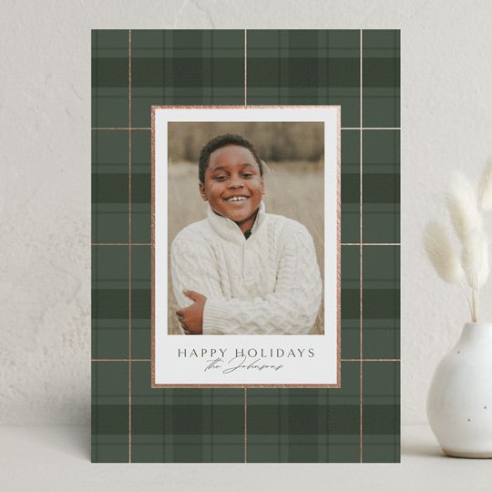 "Chic Plaid" - Customizable Foil-pressed Holiday Cards in Green by Kate Ahn. | Minted