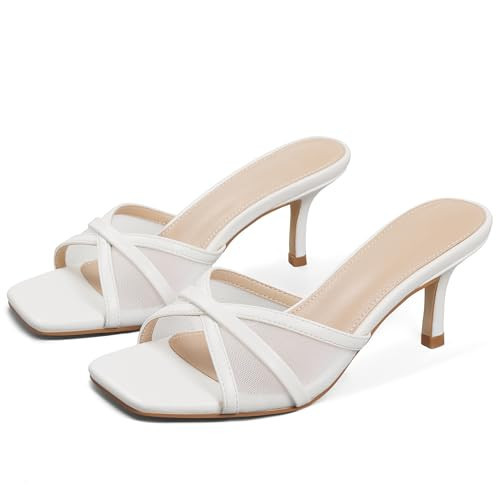 Eteridrey White Heeded Sandals Mesh Kitten Heels Square Open Toe Mule Heels Comfortable Low Heel for Wedding | Amazon (US)