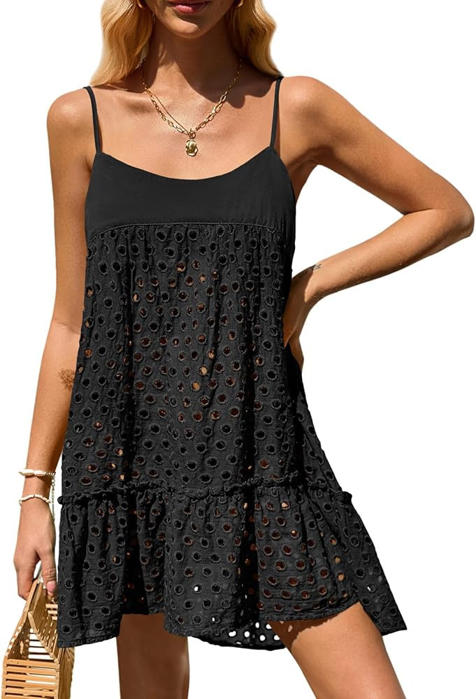 Saodimallsu Womens Summer Beach Cover Up Dress Spaghetti Strap Eyelet Casual Sleeveless Tie Back ... | Amazon (US)