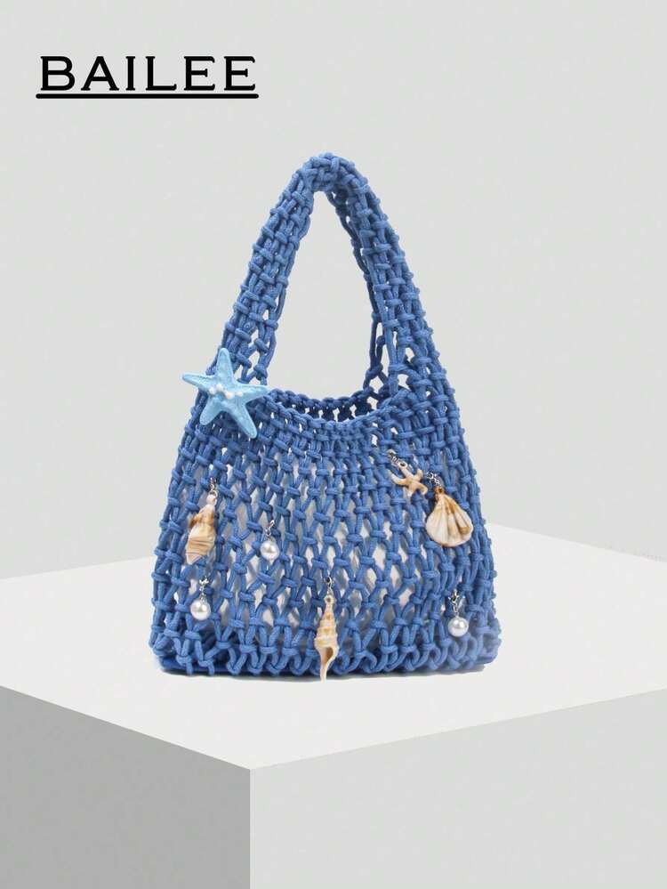 BAILEE Fashionable Colorful Polyester Yarn Hand-Woven Pattern Handbag With Ocean Pendant, Suitabl... | SHEIN