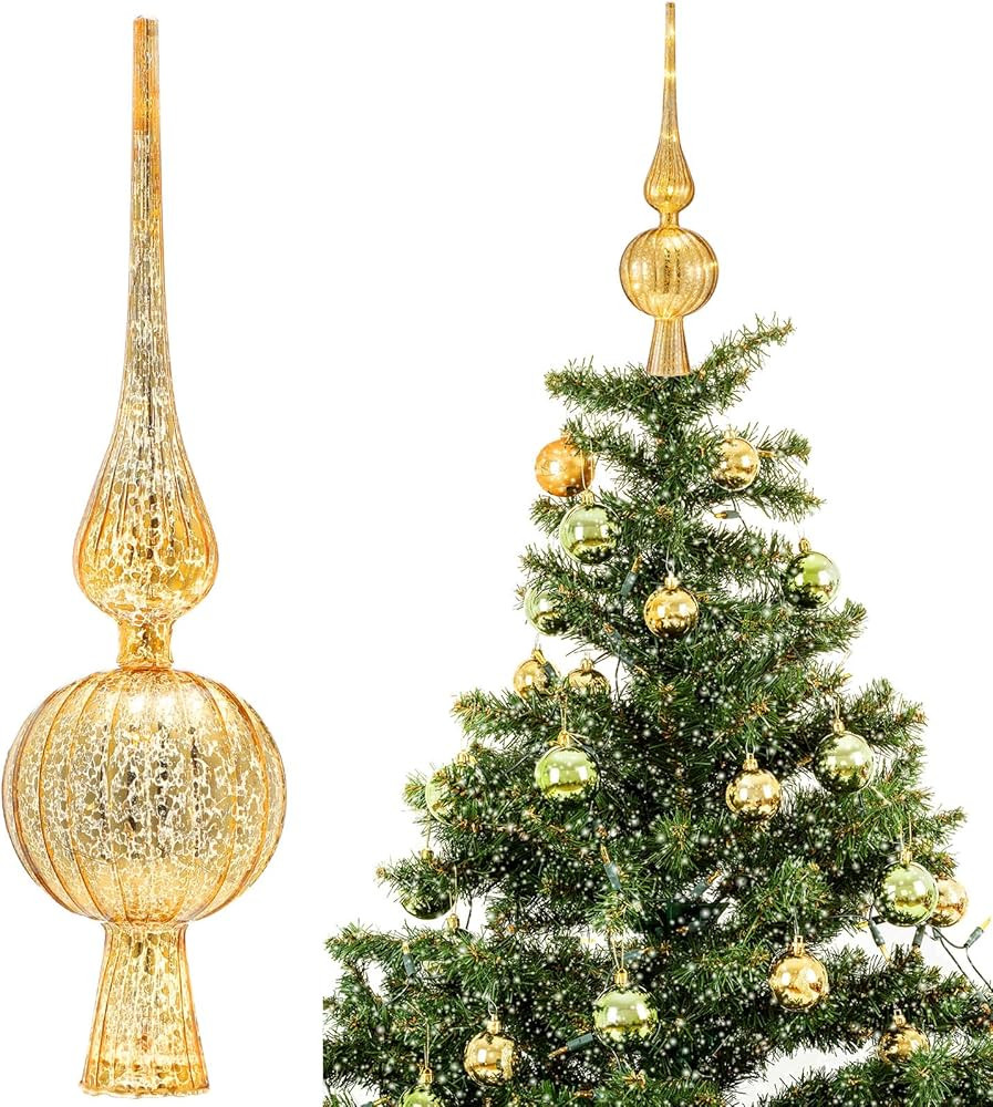 Gejoy Mercury Glass Finial Christmas Tree Topper 12 Inches Vintage Spherical Xmas Tree Topper Mid... | Amazon (US)