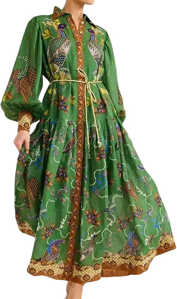Women's Vintage Graffiti Maxi Dress with Belt, Long Sleeve Shirt Collar Swing Dress Pleated Ball ... | Amazon (US)