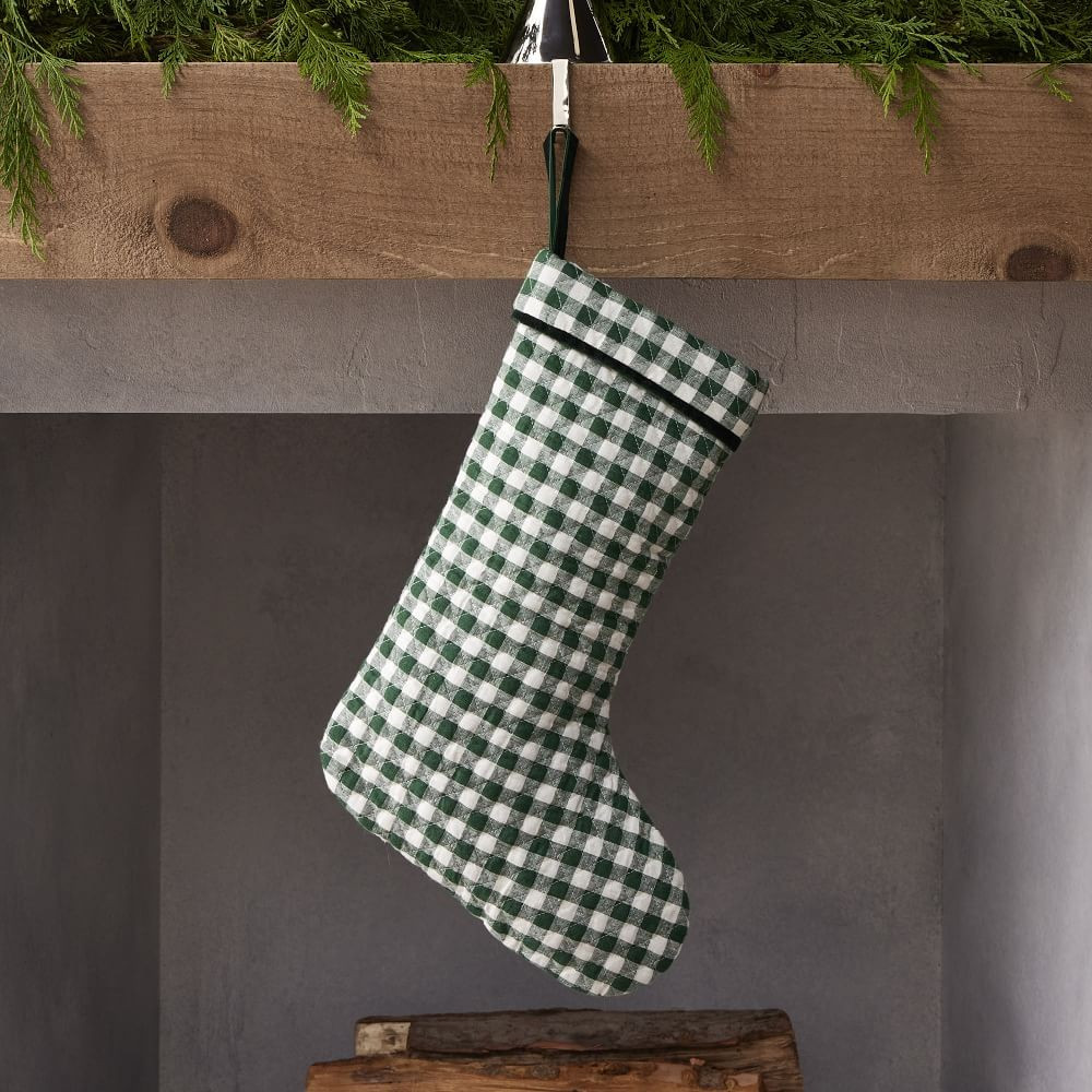 HTH Mini Gingham Quilted Stocking, Linen, Evergreen, 18&amp;quot;H | West Elm (US)
