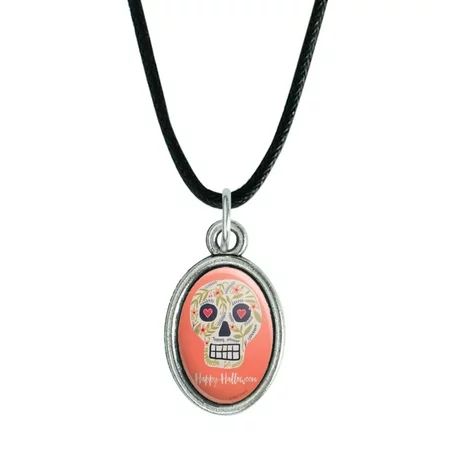 Happy Halloween Fun Floral Skull Antiqued Oval Charm Pendant with Black Satin Cord | Walmart (US)