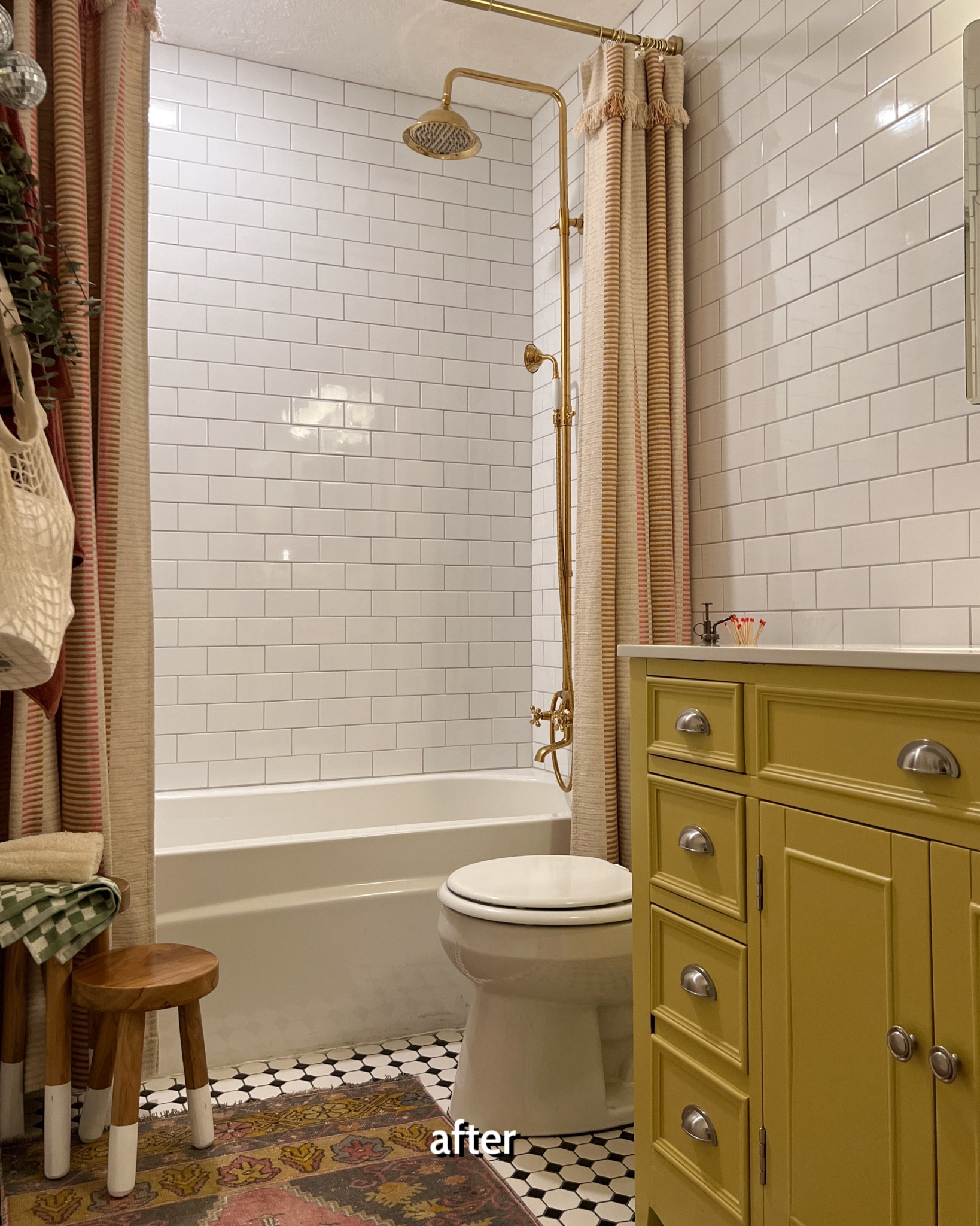 Colorful bathroom remodel. Shower curtains. Vintage rug. Subway tile. Exposed shower system.

#LTKhome #LTKfindsunder100 #LTKfindsunder50