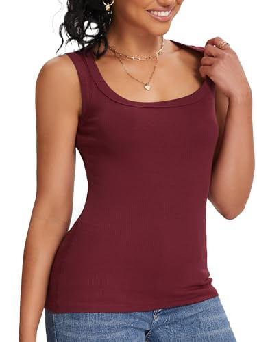 Burgundy Tank Tops for Women Scoop Neck Sexy Ribbed Basic Trendy Stretchy Slim Lightweight Tops(Burgundy X-Small) | Amazon (US)