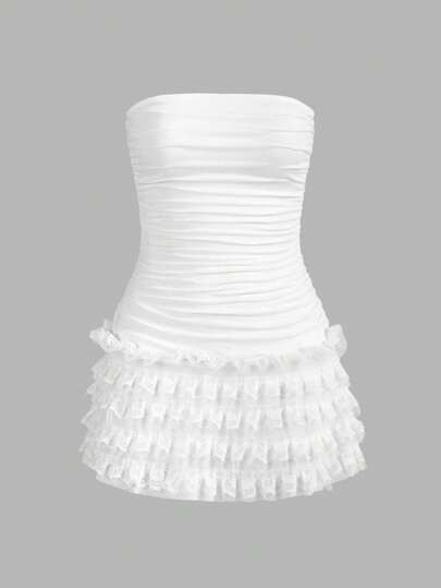 SHEIN ICON Y2k Summer Slim Fit Strapless Side Slit Pleated Layered Cake Dress Hem Dress White Hom... | SHEIN