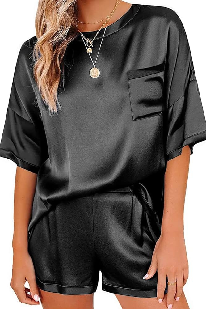 Ekouaer Satin Pajamas for Women Short Sleeve Silk Pajama Sets Soft Sleepwear Top with Causal Pj S... | Amazon (US)