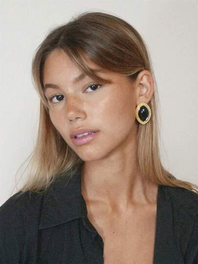 Uworld 1 Par Retro De Pendientes De Perno Con Cabujón De Ágata Negra Y Corona De Acero Inoxidable Bañado En Oro De 18K Para Mujeres, Uso Diario Y Regalo | SHEIN