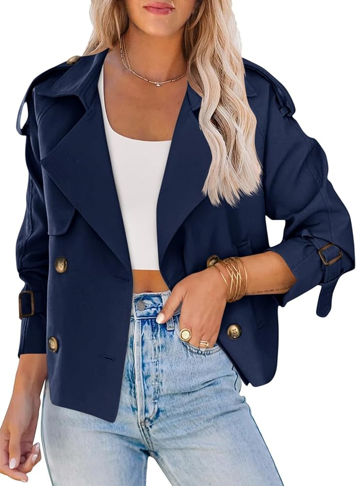 Saodimallsu Women Crop Double Breasted Trench Coat Raglan Sleeve Work Office Cropped Jacket With ... | Amazon (US)