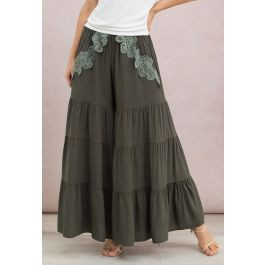 Sunny Days Lace Applique Wide-Leg Pants in Army Green for Resort Wear & Leisurely Evenings | Chicwish