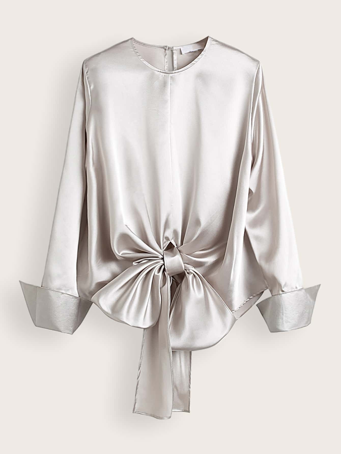 Keyhole Back Knot Hem Satin Blouse | SHEIN