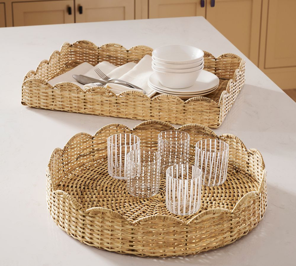 Beau Handwoven Scallop Rattan Tray | Pottery Barn (US)