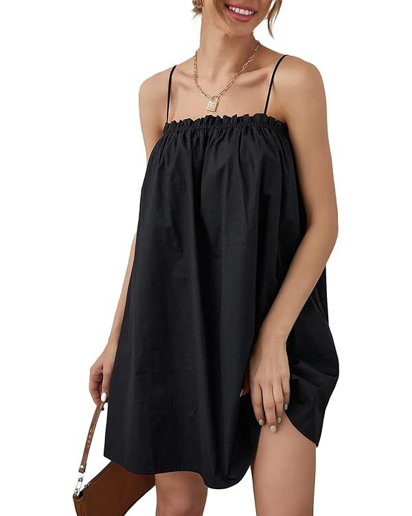 OYOANGLE Women's Spaghetti Straps Sleeveless Loose Ruffle A Line Cami Short Dress with Pocket | Amazon (US)