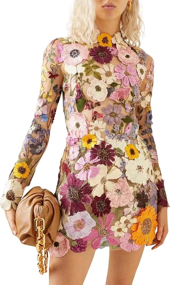 SeekMe Women's Floral Bodycon Dress Sexy Embroidered Long Sleeve Mockneck 3D Flower Mesh Mini Dre... | Amazon (US)