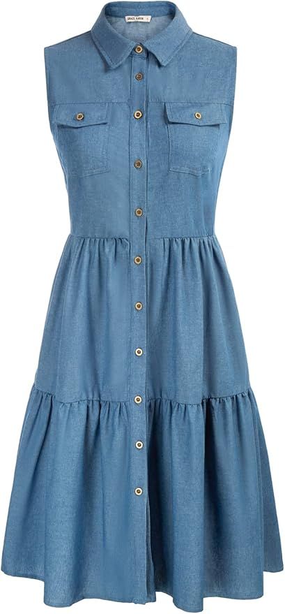 GRACE KARIN Women's Summer Casual Button Down Denim Chambray Dress Sleeveless A Line Tiered Dress... | Amazon (US)