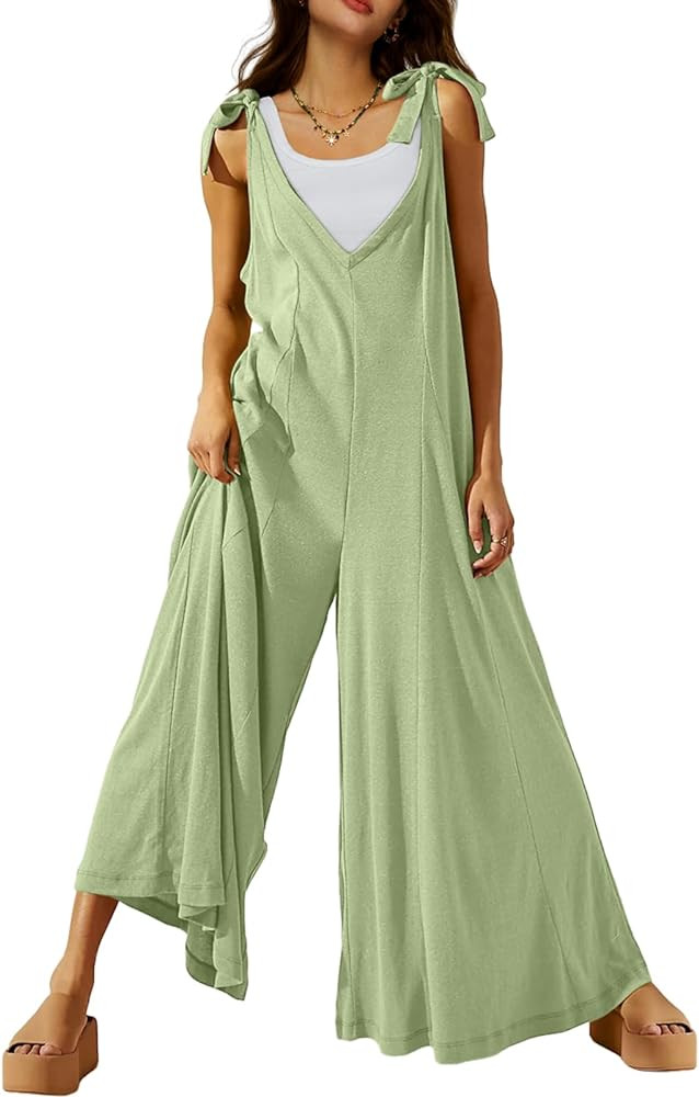 DEEP SELF Women's Summer Causal Jumpsuits Sleeveless Wide Leg Long Rompers V Neck Tie Strap Loose... | Amazon (US)