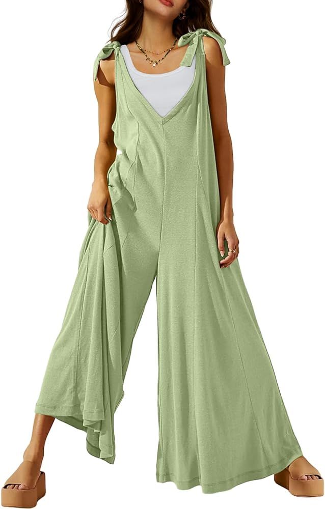 DEEP SELF Women's Summer Causal Jumpsuits Sleeveless Wide Leg Long Rompers V Neck Tie Strap Loose... | Amazon (US)