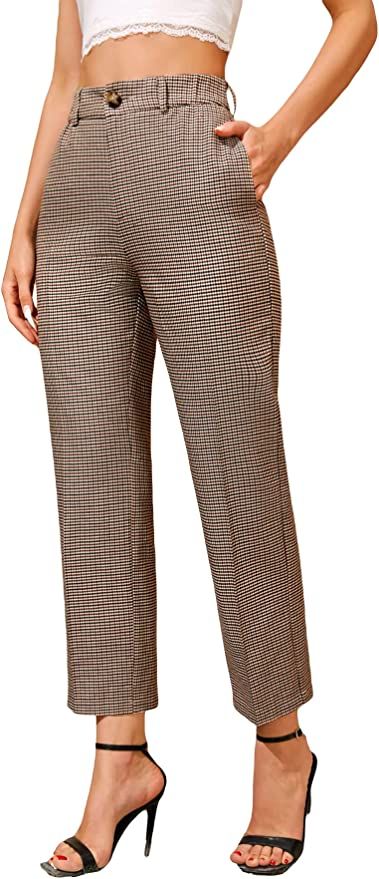 SOLY HUX Women's Plaid High Waisted Straight Leg Work Pants Trousers with Pocket | Amazon (US)