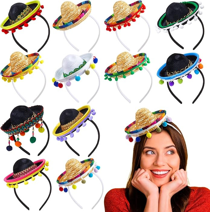 Mumufy 12 Pcs Mexican Sombrero Headband Hats Bulk for Adults Mini Fiesta Hats with Fabric Cinco D... | Amazon (US)
