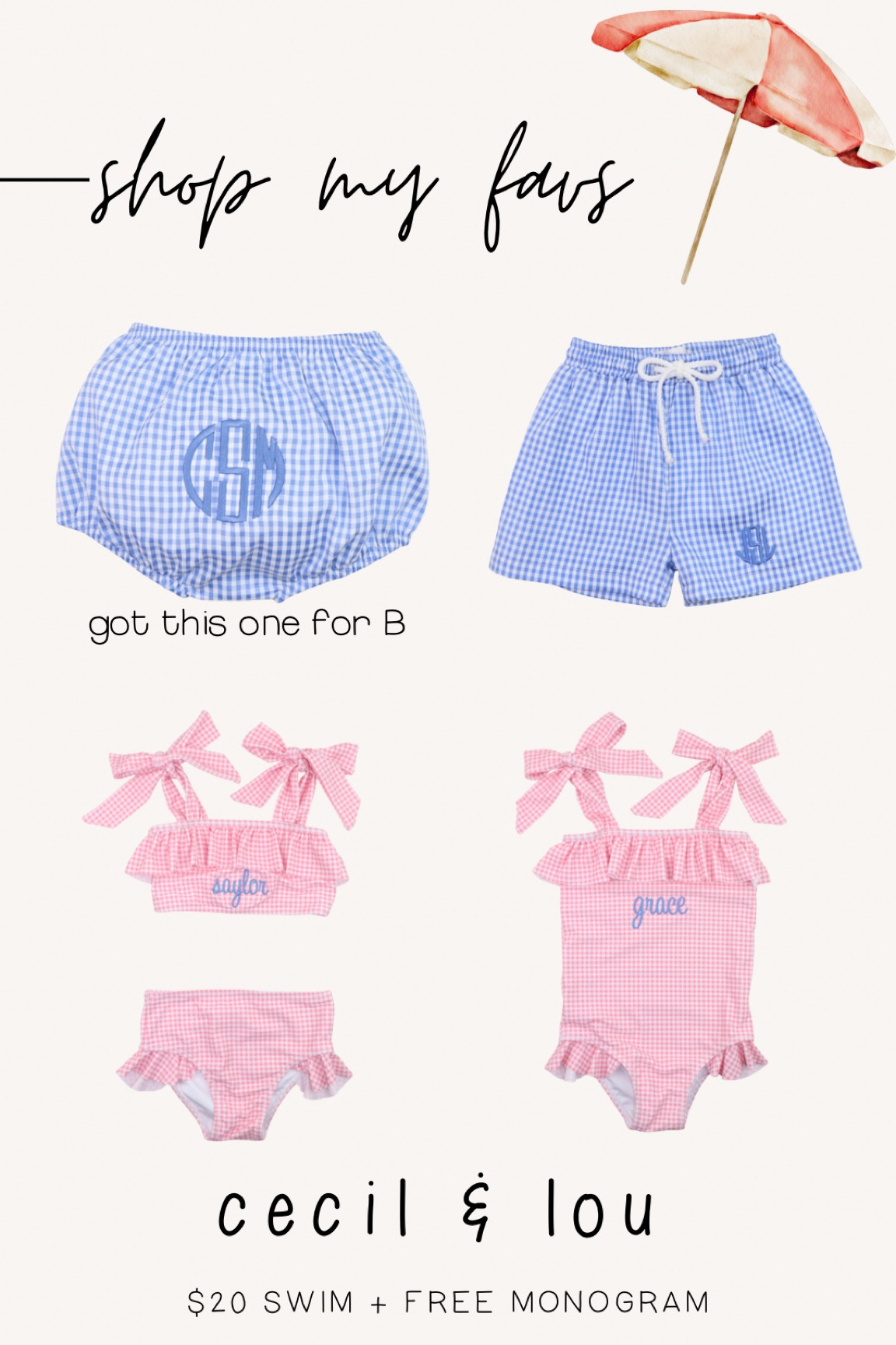 Cecil & Lou $20 swim sale 🌞

swim | diaper cover | boy swim | gingham | summer | beach | pool day | monogram 

#LTKbaby #LTKkids #LTKfamily