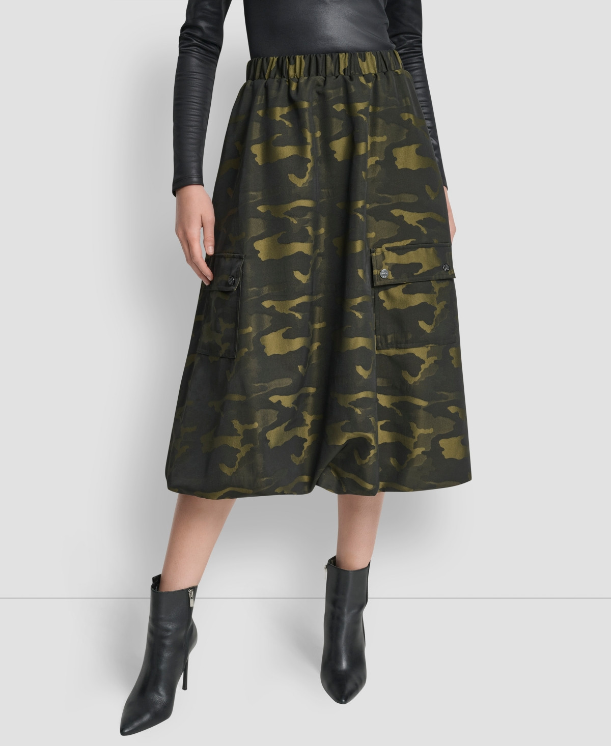 Dkny Women's Camo Print Jacquard Bubble Midi Skirt - Dark Olive | Macy's